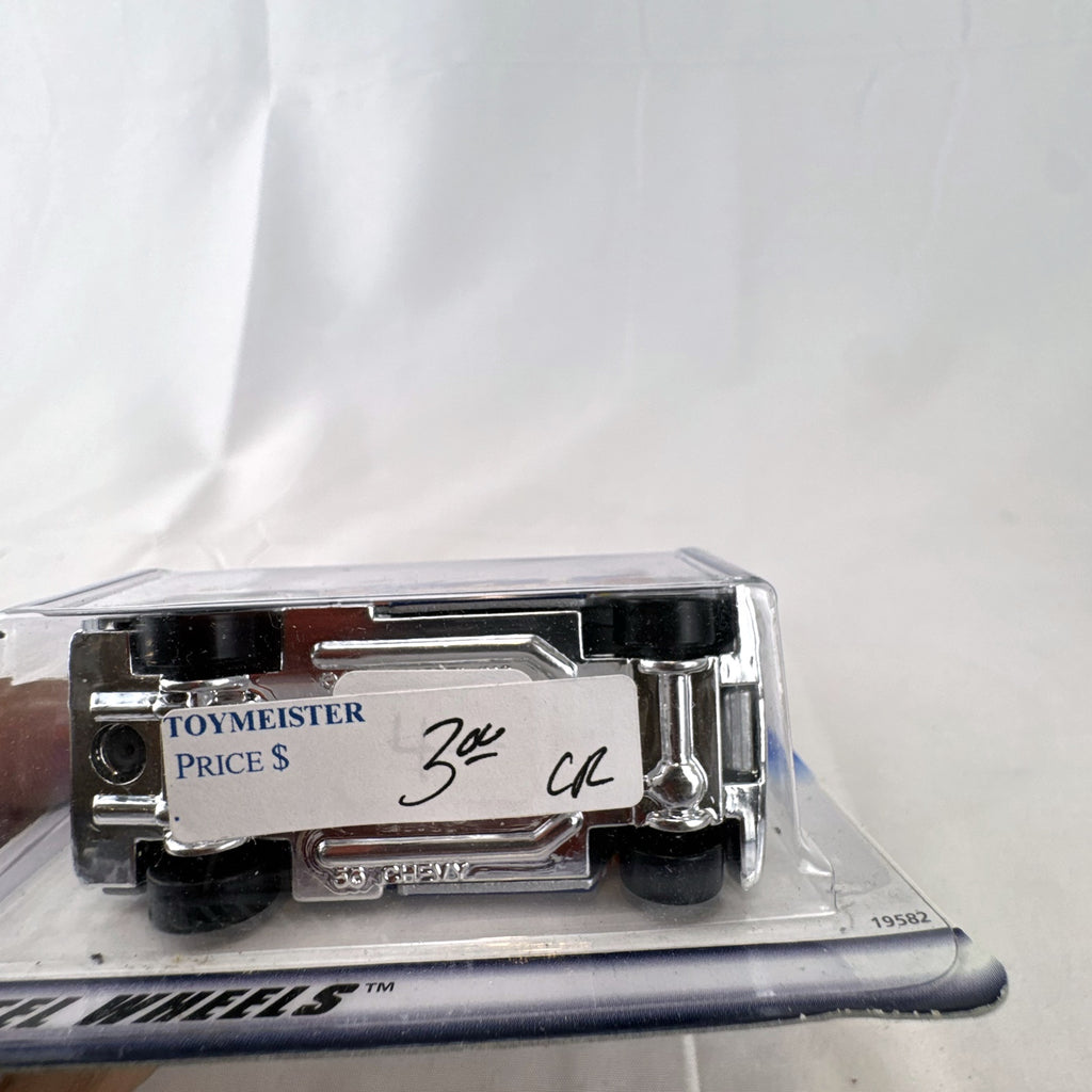 Vintage 1998 Hot Wheels 1956 Chevy Flashsider pickup truck diecast in silver sealed on original blue card packaging
