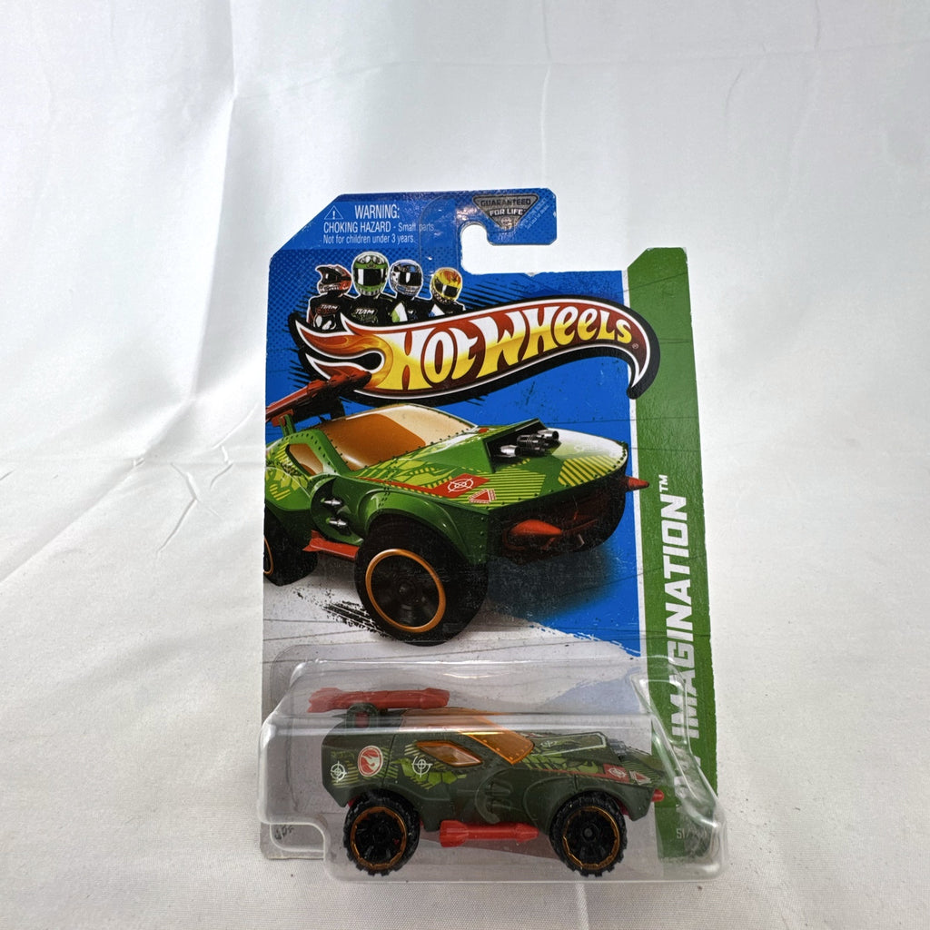 Factory sealed 1:64 scale Hot Wheels Sting Rod II diecast car in olive green on original card