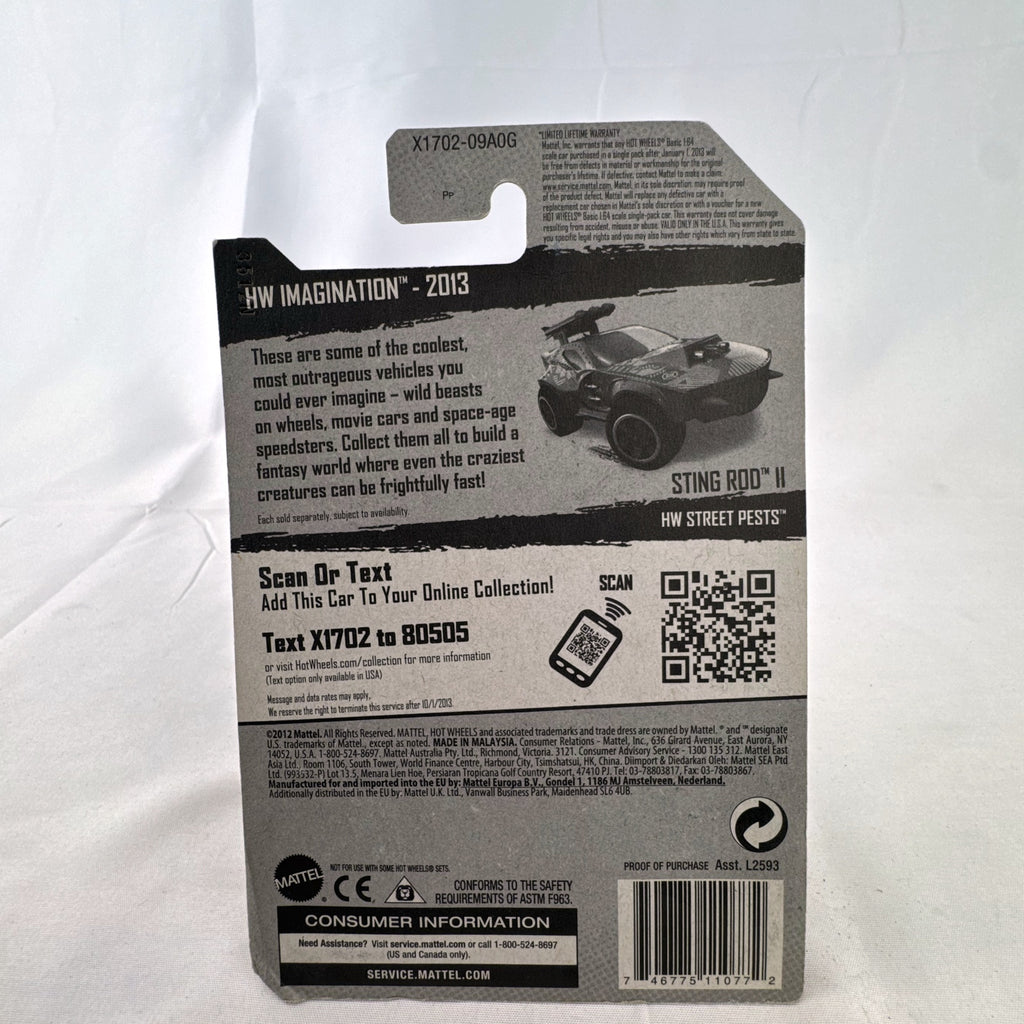 Factory sealed 1:64 scale Hot Wheels Sting Rod II diecast car in olive green on original card