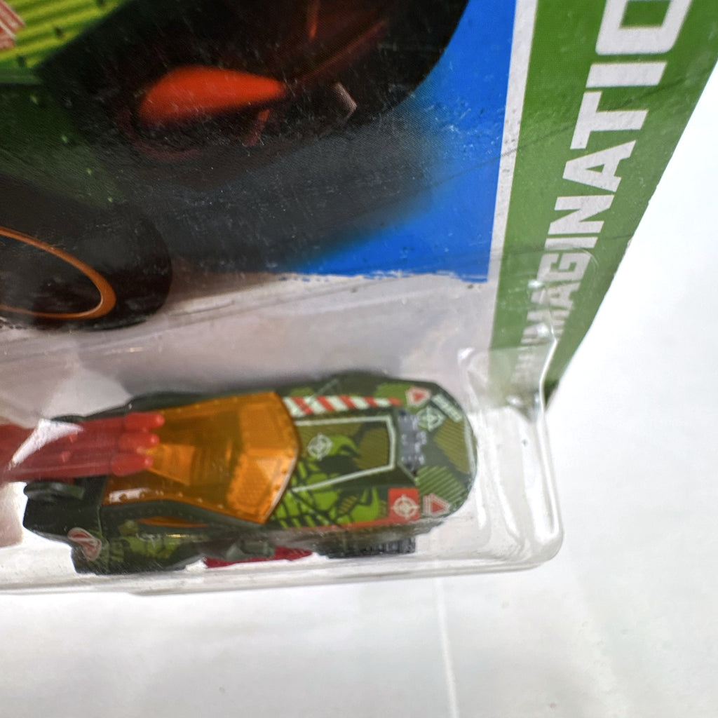 Factory sealed 1:64 scale Hot Wheels Sting Rod II diecast car in olive green on original card