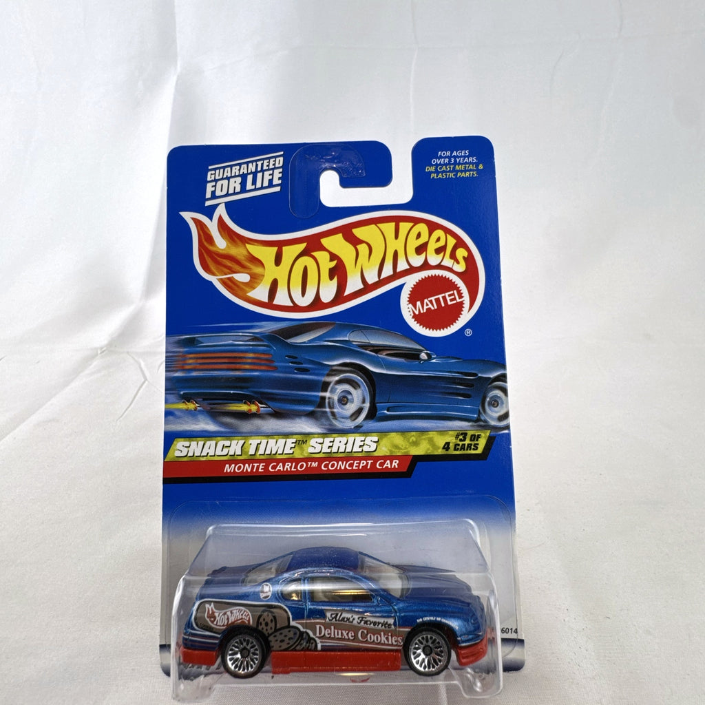 1:64 scale Hot Wheels 2000 Chevy Monte Carlo Concept car in metallic blue Snack Time Series packaging.