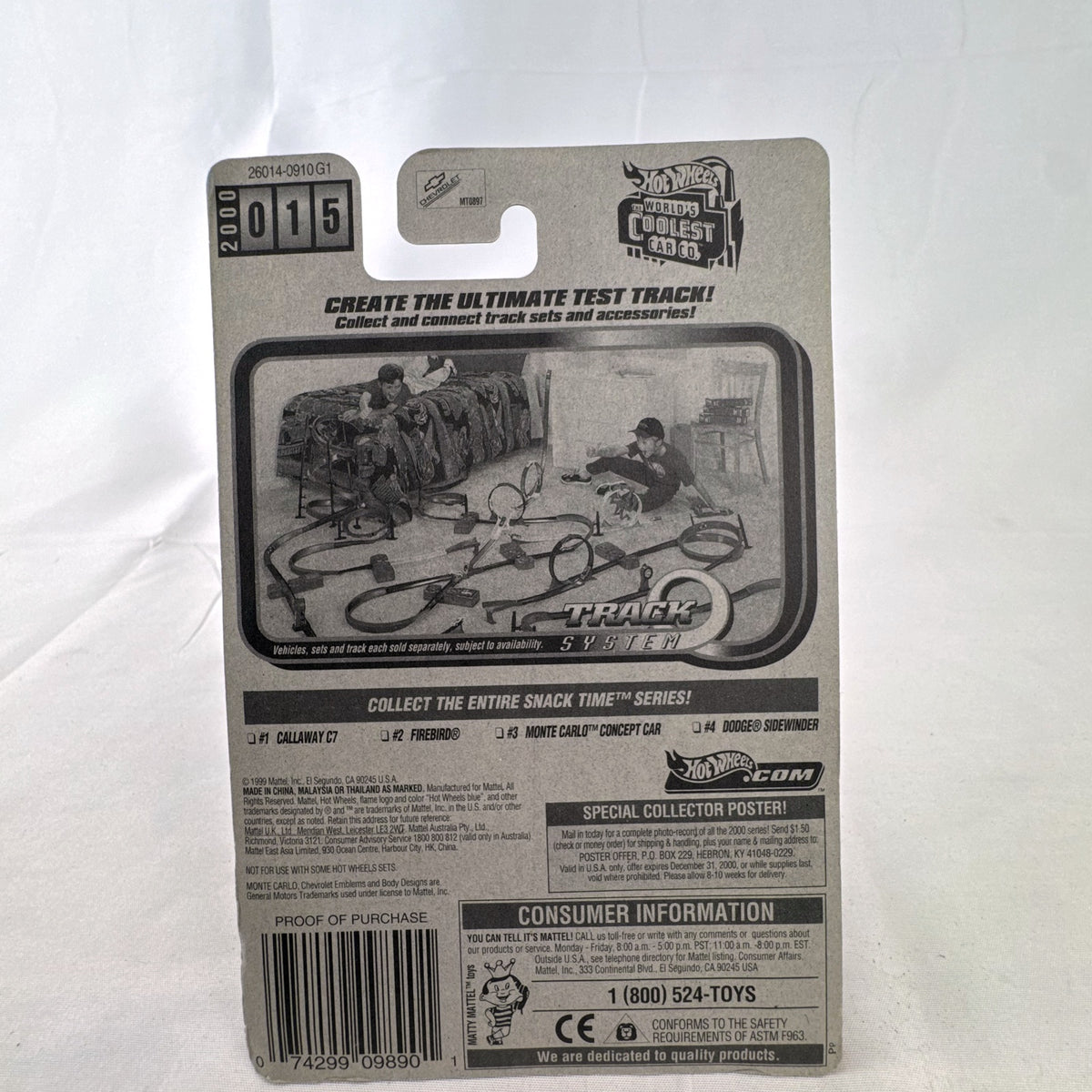1:64 scale Hot Wheels 2000 Chevy Monte Carlo Concept car in metallic blue Snack Time Series packaging.