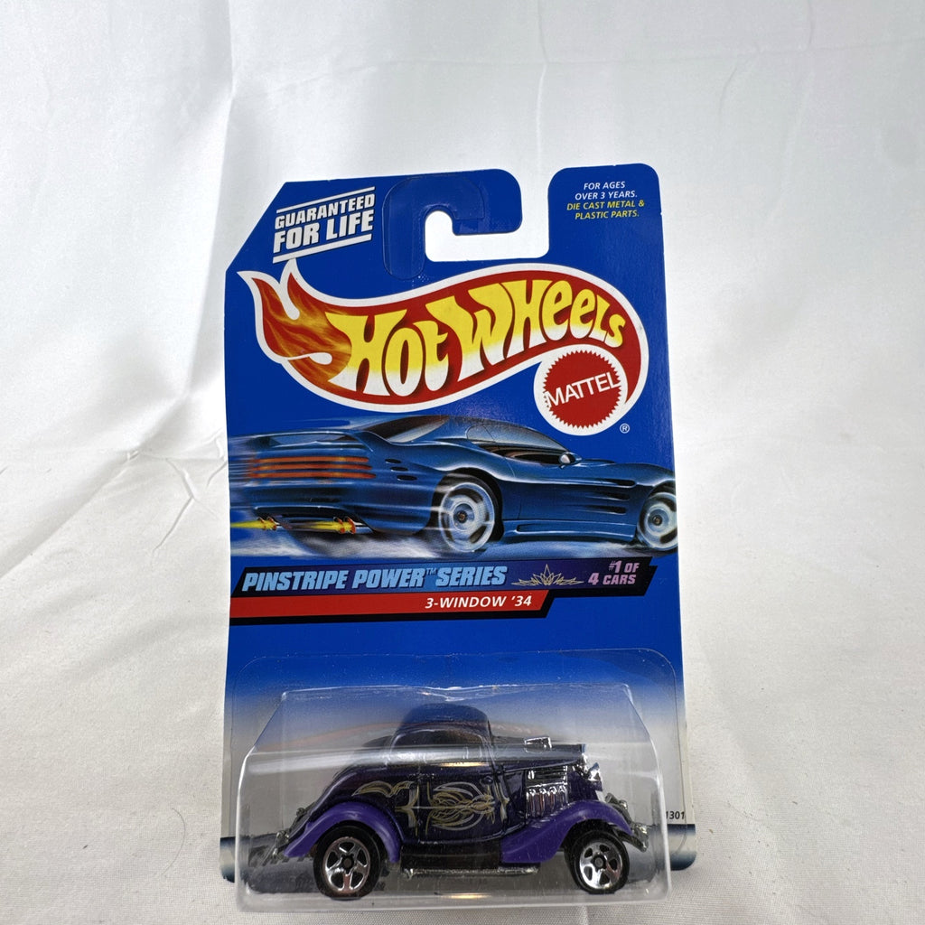 Hot Wheels 1998 Pinstripe Power 1934 Ford 3-Window Coupe diecast car in purple packaging