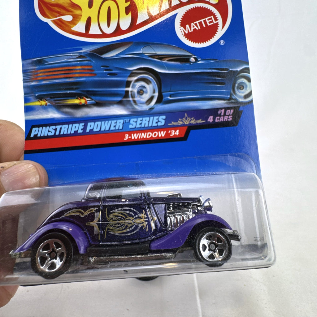 Hot Wheels 1998 Pinstripe Power 1934 Ford 3-Window Coupe diecast car in purple packaging