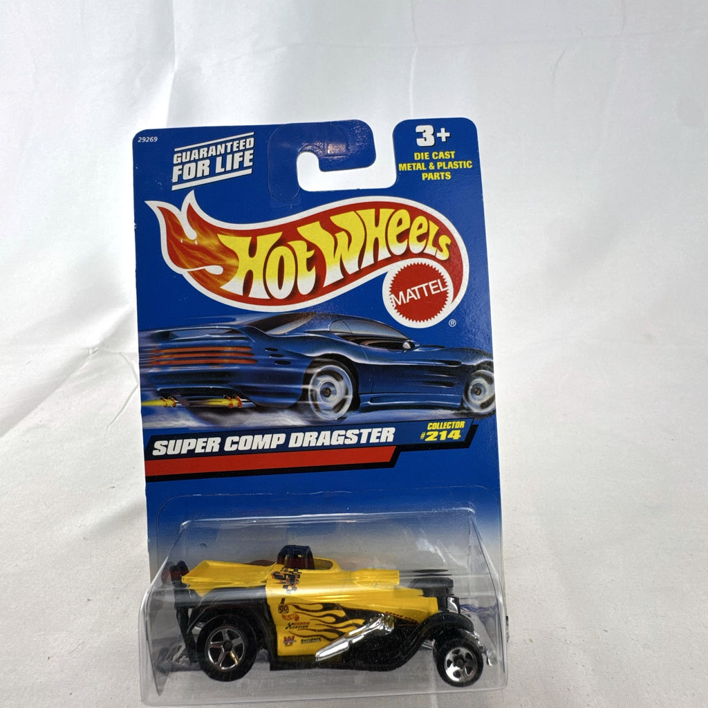 Hot Wheels 2000 Super Comp Dragster 1:64 scale diecast car in yellow with black flames sealed on card