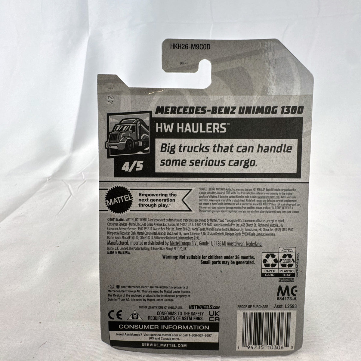 Hot Wheels 1:64 scale Mercedes-Benz Unimog 1300 diecast rescue truck in brown, sealed on card