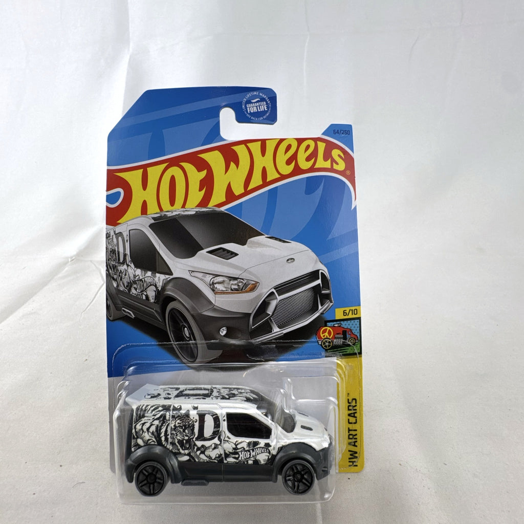 Hot Wheels Ford Transit Connect HW Art Cars 1:64 scale diecast van in white with tiger graphics