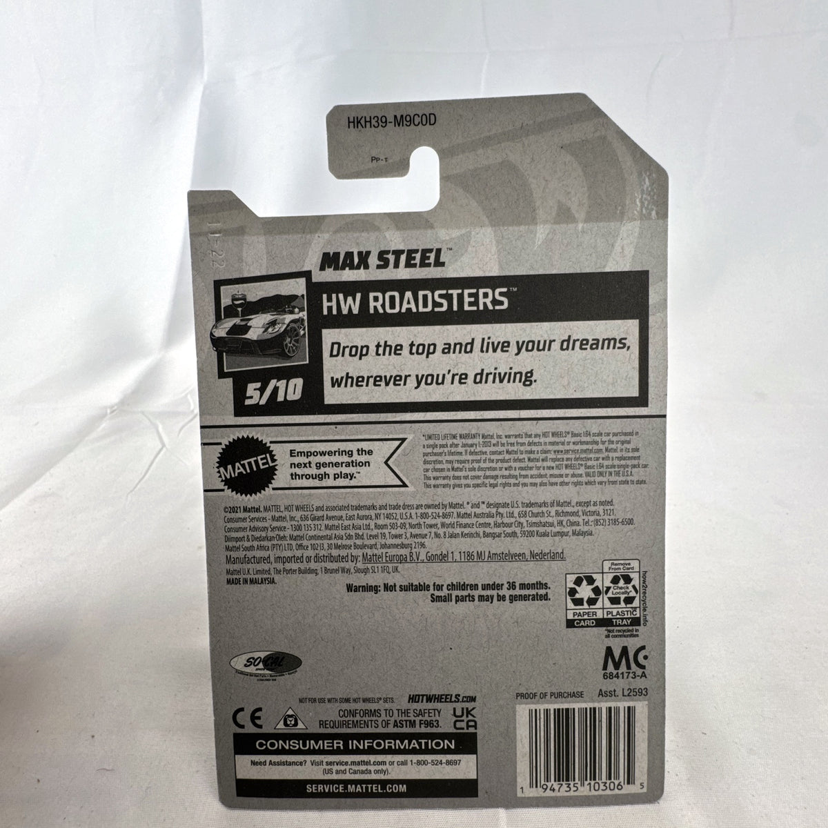 Unopened Hot Wheels Max Steel diecast car in white with red So-Cal Speed Shop graphics in 1:64 scale packaging.
