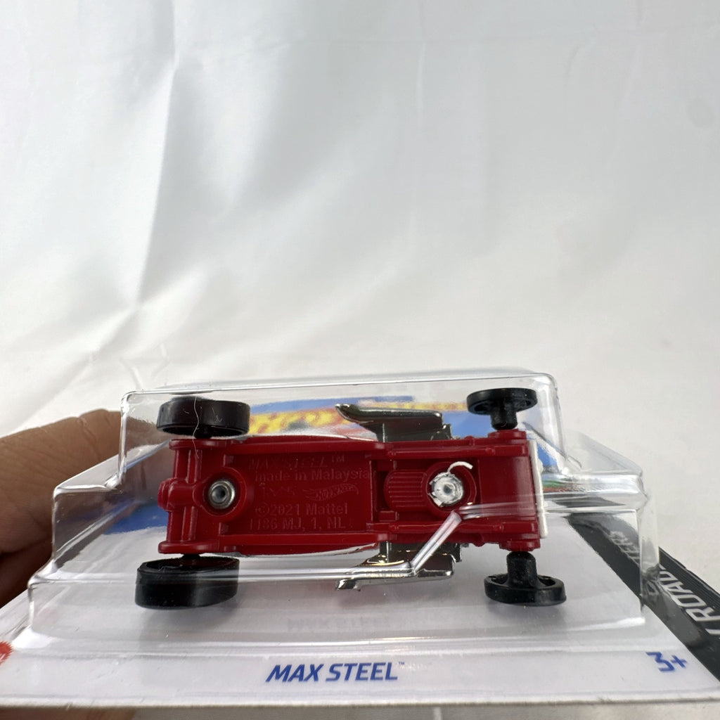 Unopened Hot Wheels Max Steel diecast car in white with red So-Cal Speed Shop graphics in 1:64 scale packaging.