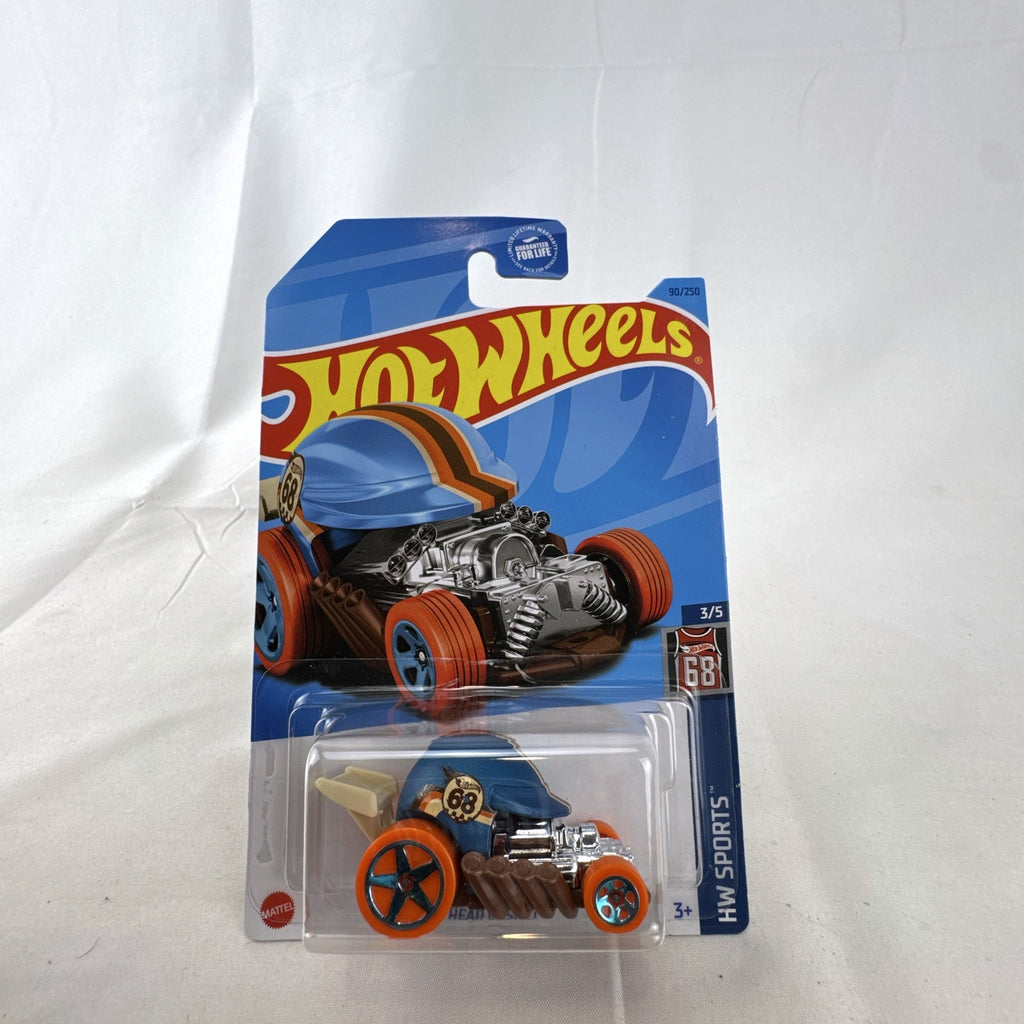 Hot Wheels Head Gasket diecast car in satin blue from the HW Sports series in original blister packaging