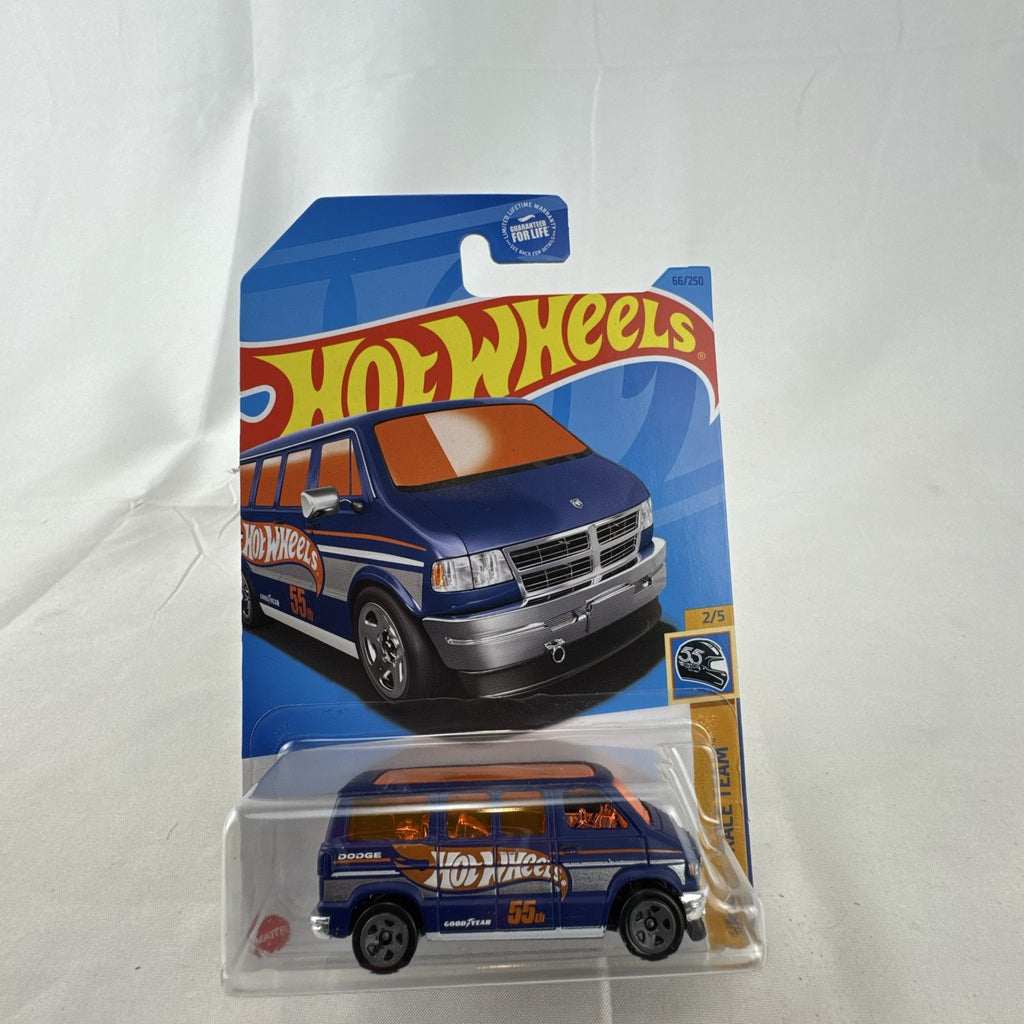 Hot Wheels 1:64 scale diecast Dodge Van in blue HW 55th Race Team anniversary livery.