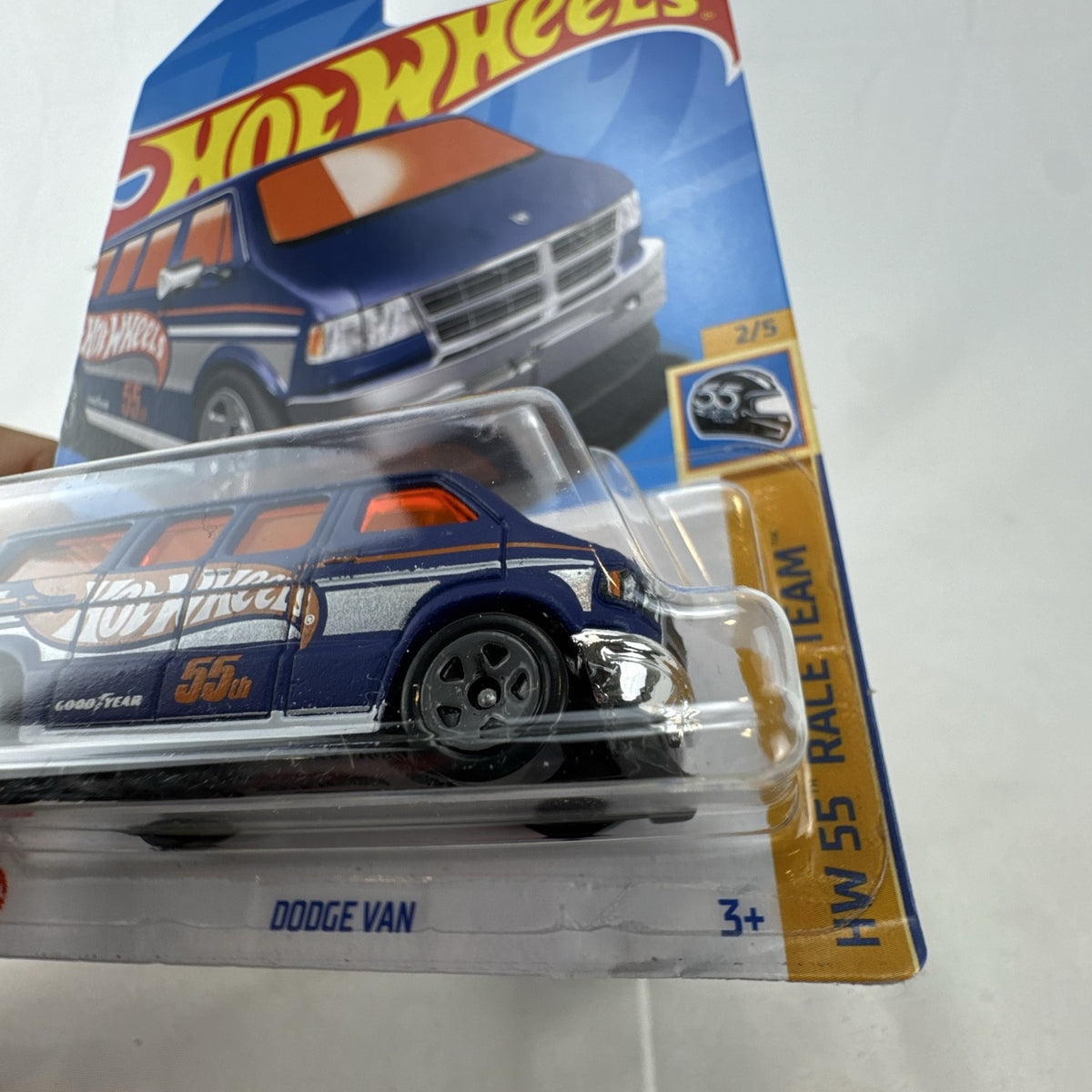 Hot Wheels 1:64 scale diecast Dodge Van in blue HW 55th Race Team anniversary livery.