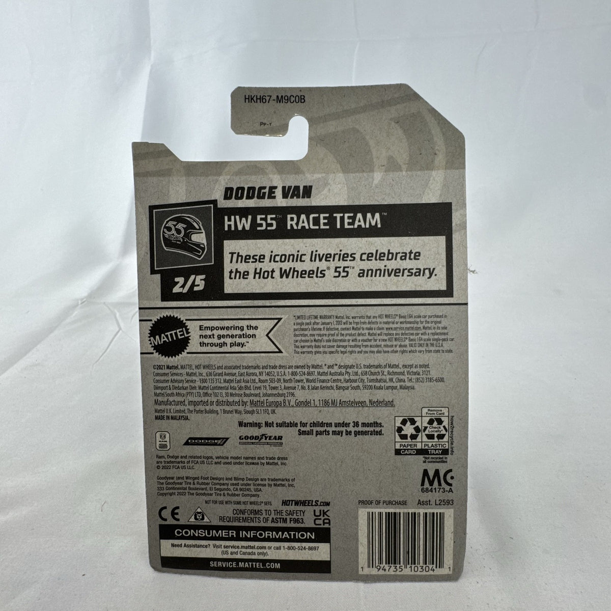 Hot Wheels 1:64 scale diecast Dodge Van in blue HW 55th Race Team anniversary livery.