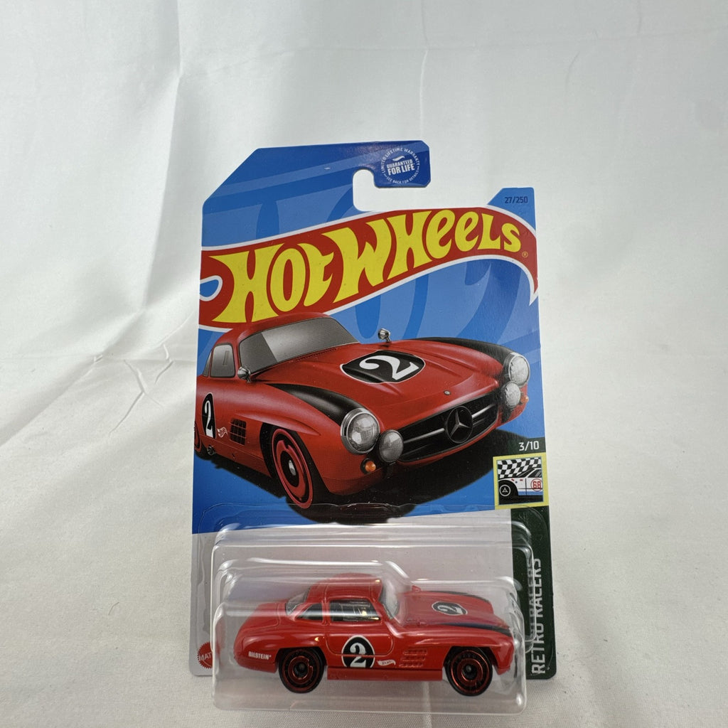 Hot Wheels 1:64 scale red Mercedes-Benz 300 SL Retro Racers diecast model car on blister card