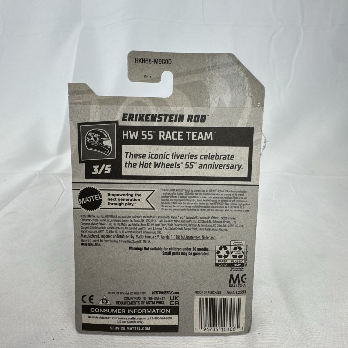 Hot Wheels 1:64 scale Erikenstein Rod diecast pickup truck in dark blue 55th Anniversary packaging