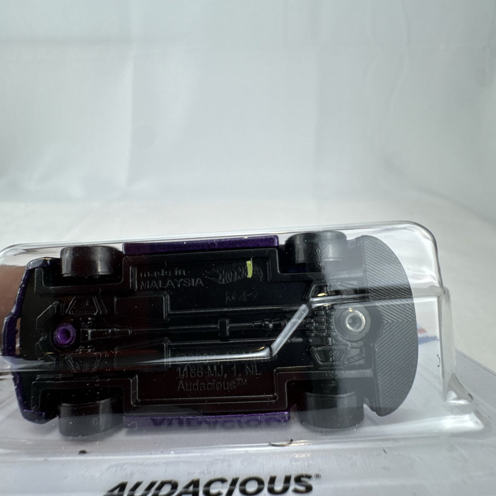 Factory sealed Hot Wheels Flying Customs Audacious 1:64 scale diecast tuner wagon in metallic purple with speed stripes.