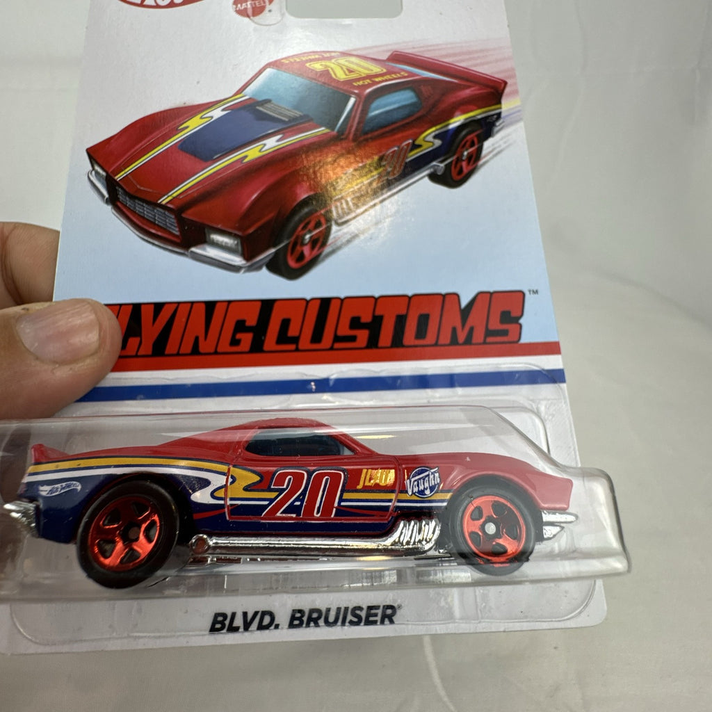 Hot Wheels Flying Customs Blvd. Bruiser 1:64 red diecast muscle car in sealed card packaging