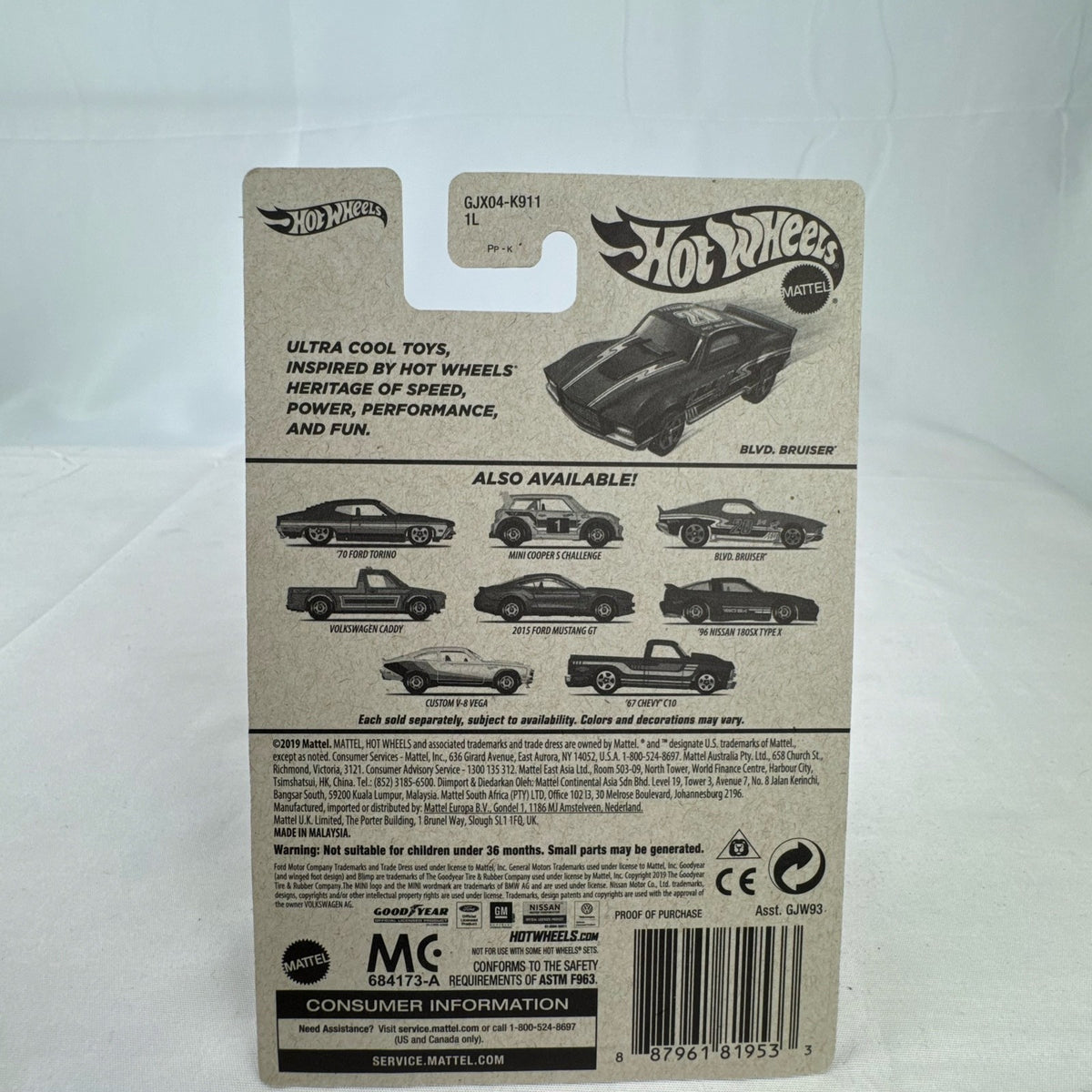 Hot Wheels Flying Customs Blvd. Bruiser 1:64 red diecast muscle car in sealed card packaging