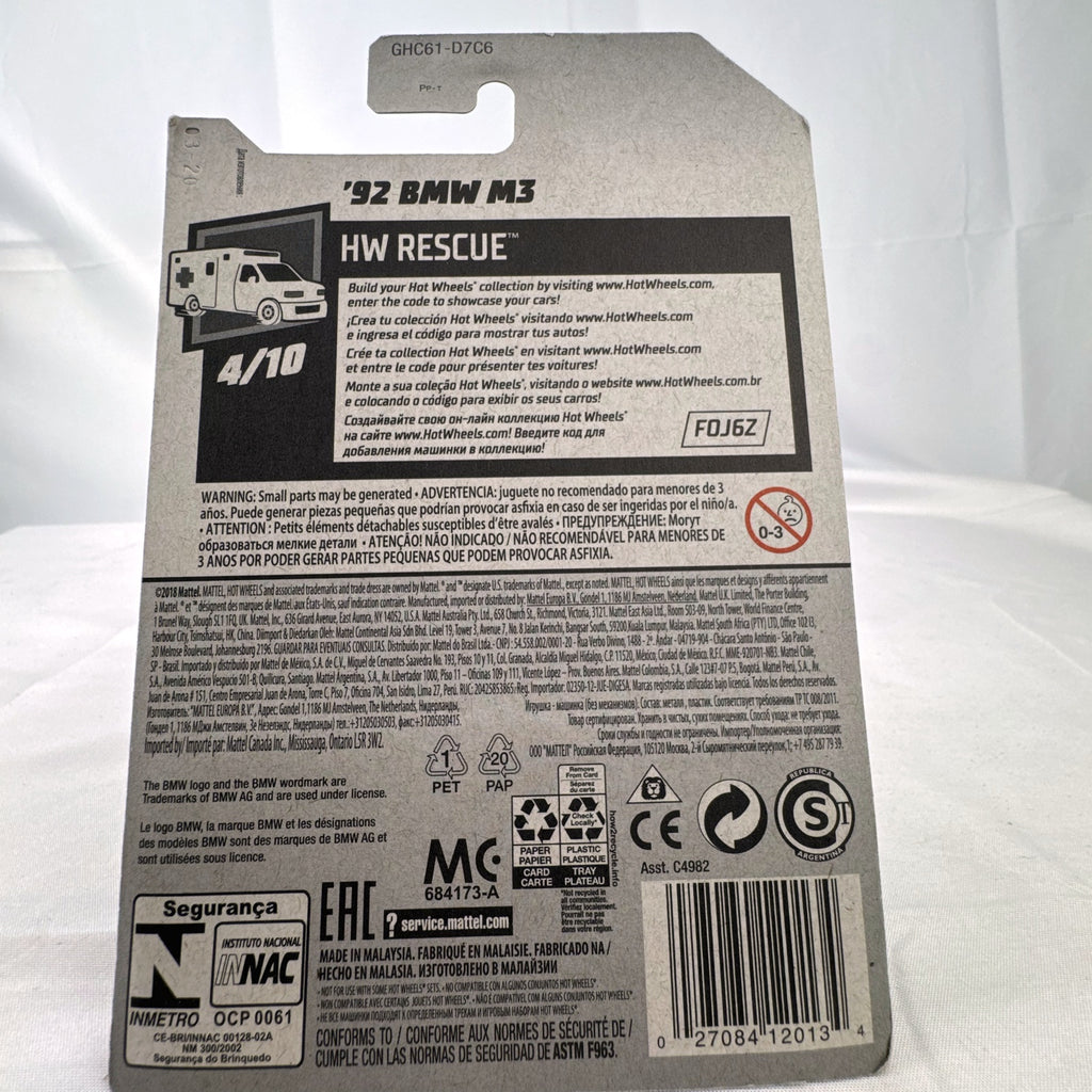 Hot Wheels 1:64 scale 1992 BMW M3 E30 Polizei diecast car in unopened packaging