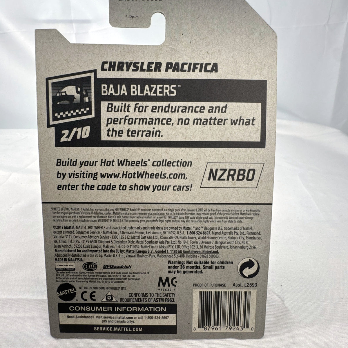 Hot Wheels 1:64 scale red Chrysler Pacifica off-road diecast van in original Baja Blazers blister card packaging.
