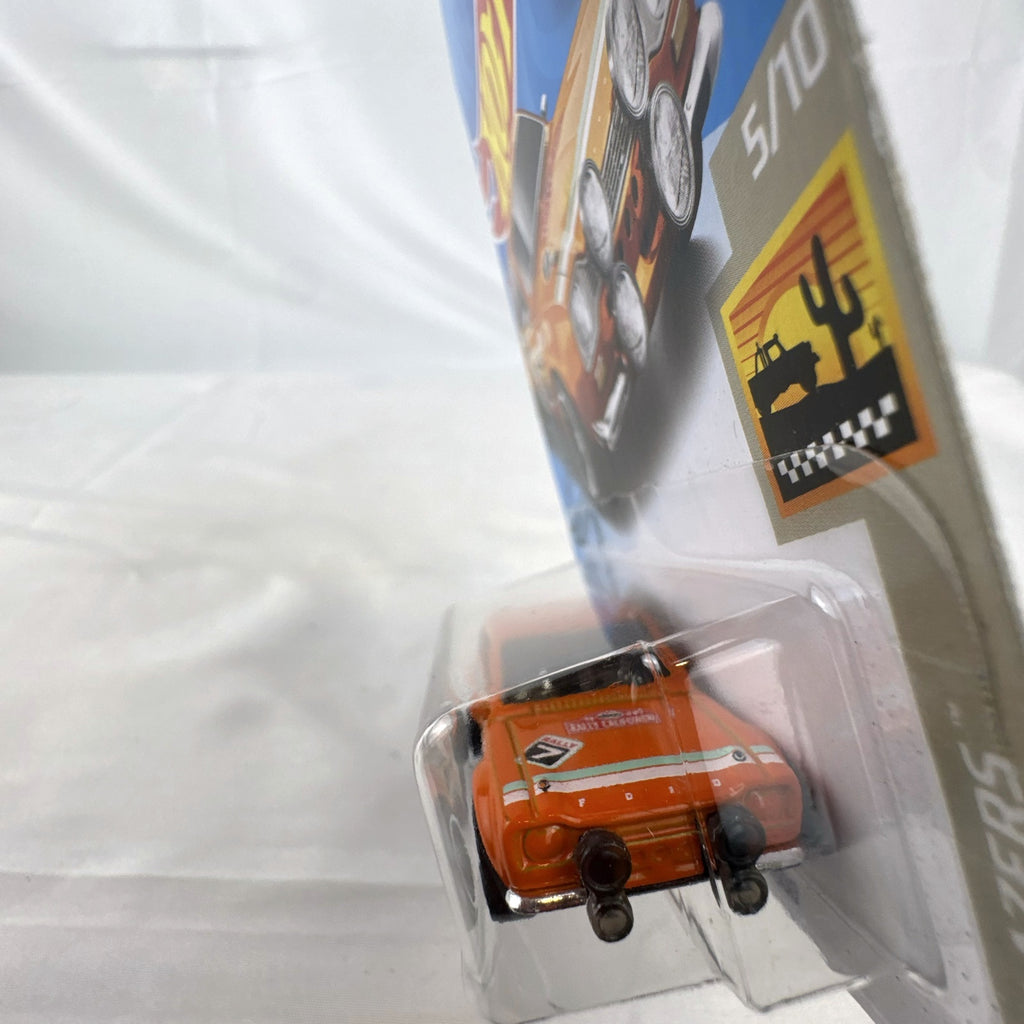 Hot Wheels 1:64 scale 1970 Ford Escort RS1600 diecast rally car in orange sealed on card