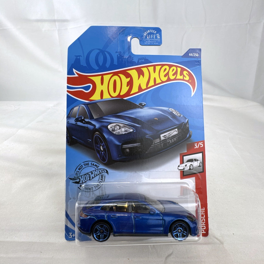 Hot Wheels 1:64 scale Porsche Panamera Turbo S E-Hybrid Sport Turismo in metallic blue diecast sealed on card