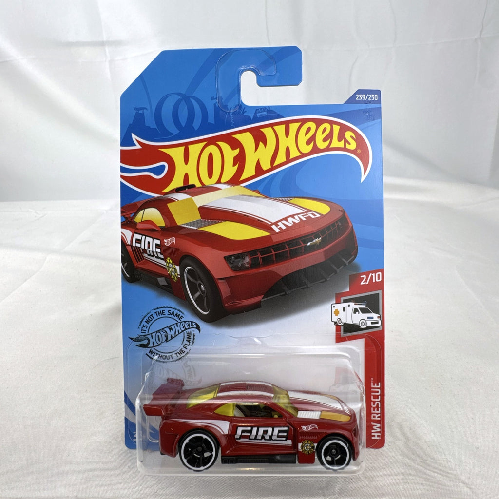 Hot Wheels Custom '11 Chevrolet Camaro HW Rescue diecast car in red, sealed on original backing card.