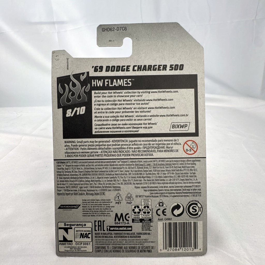 Hot Wheels 1:64 scale 1969 Dodge Charger 500 HW Flames diecast car in purple unopened packaging.