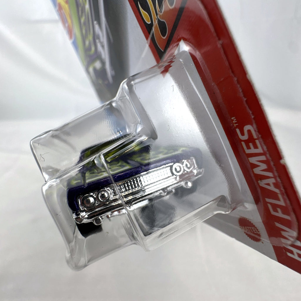 Hot Wheels 1:64 scale 1969 Dodge Charger 500 HW Flames diecast car in purple unopened packaging.