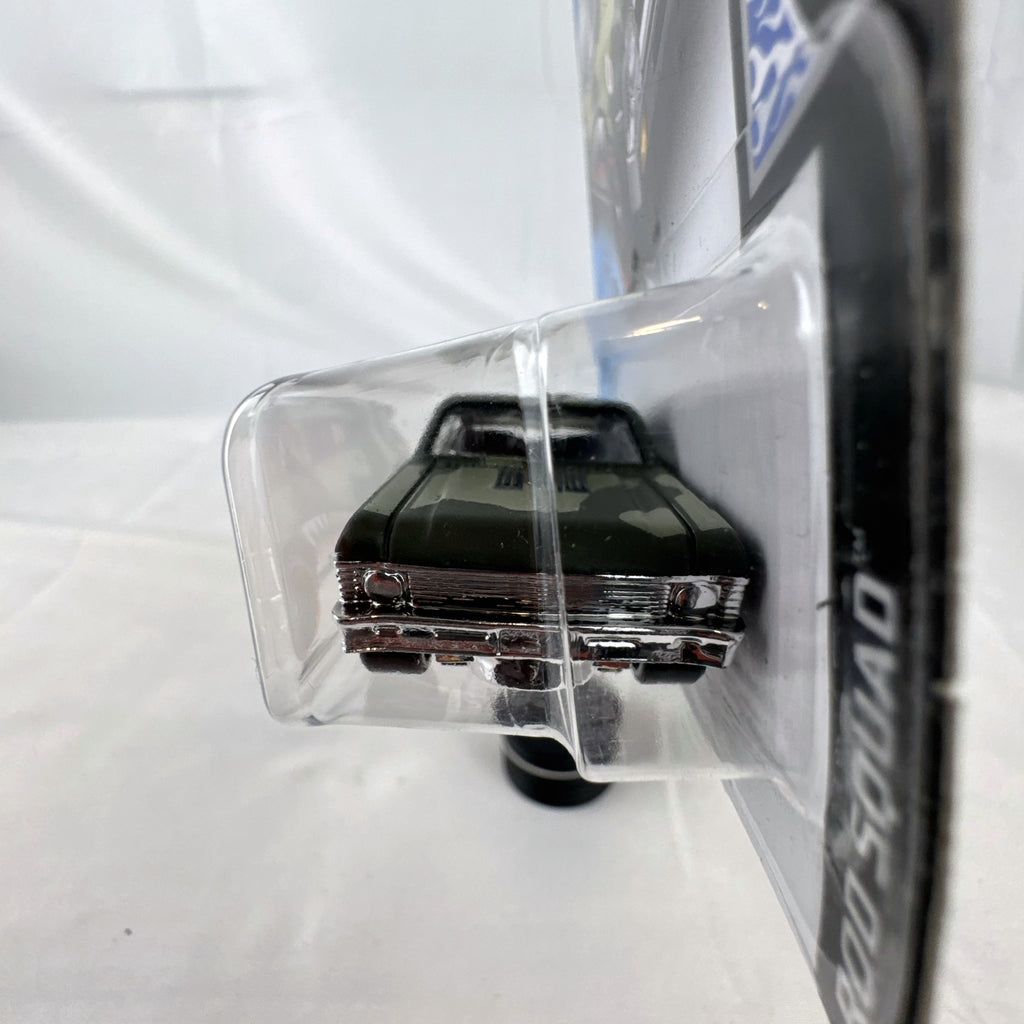 Factory sealed 1:64 scale Hot Wheels 1968 Chevy Nova diecast car in green camouflage with shark teeth graphics