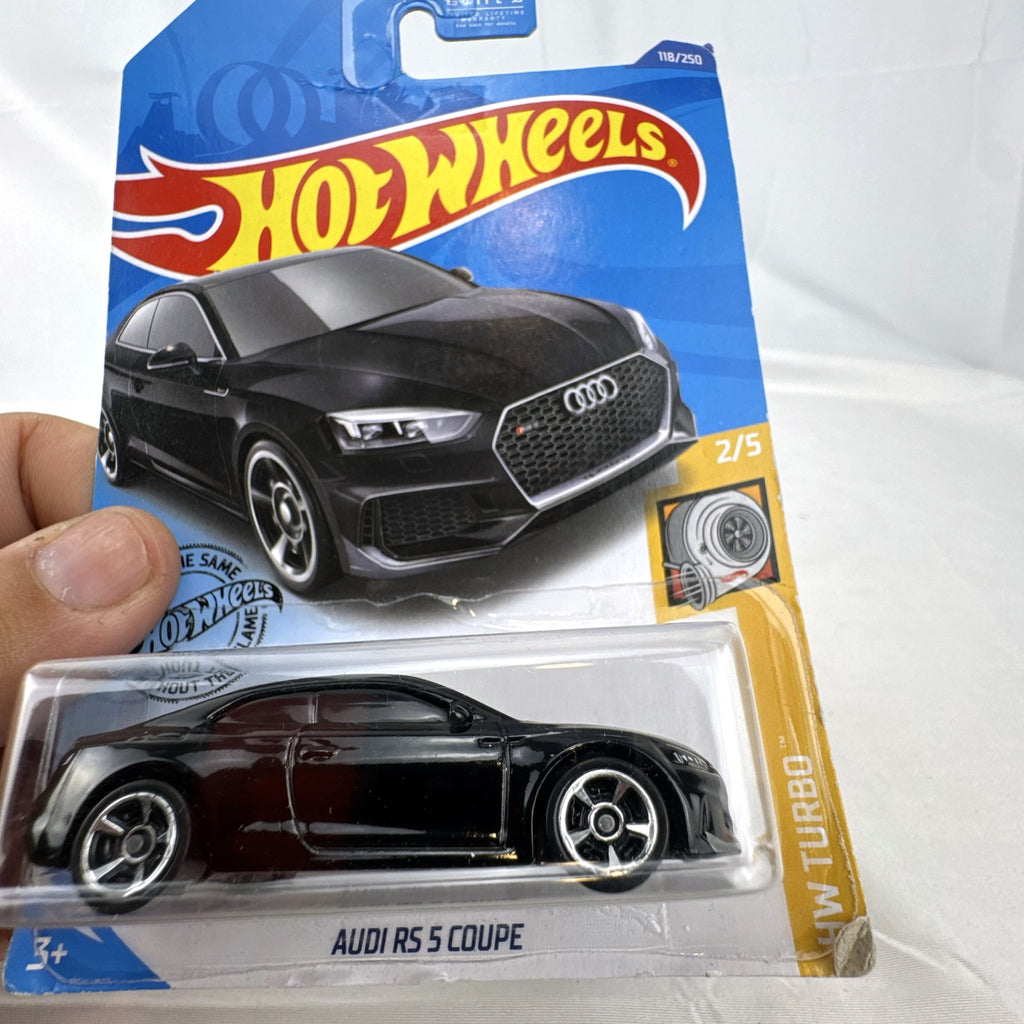 Hot Wheels 1:64 scale diecast Audi RS 5 Coupe model car in black on original HW Turbo card