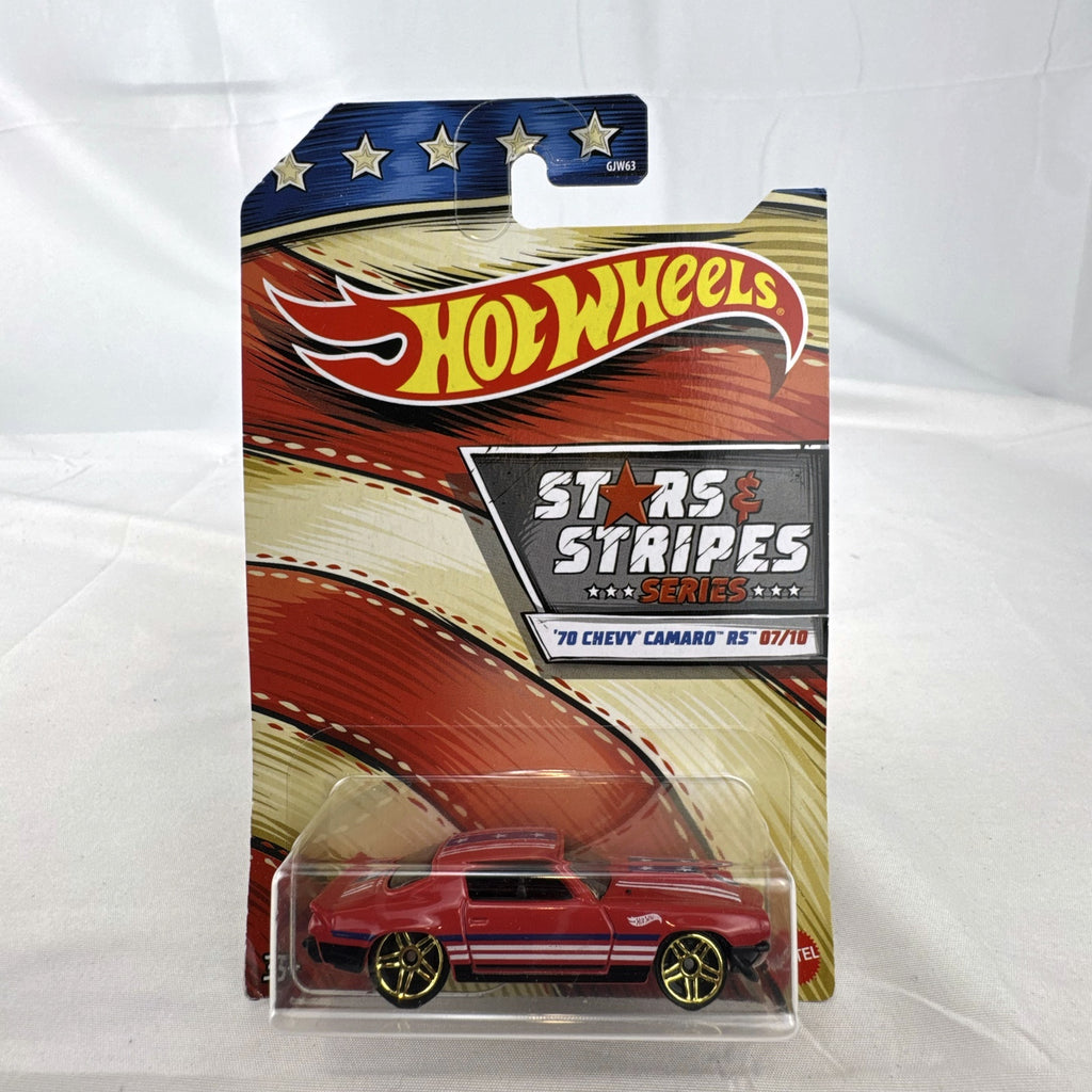 Hot Wheels 1:64 scale 1970 Chevrolet Camaro RS in red with Stars & Stripes graphics factory sealed on card