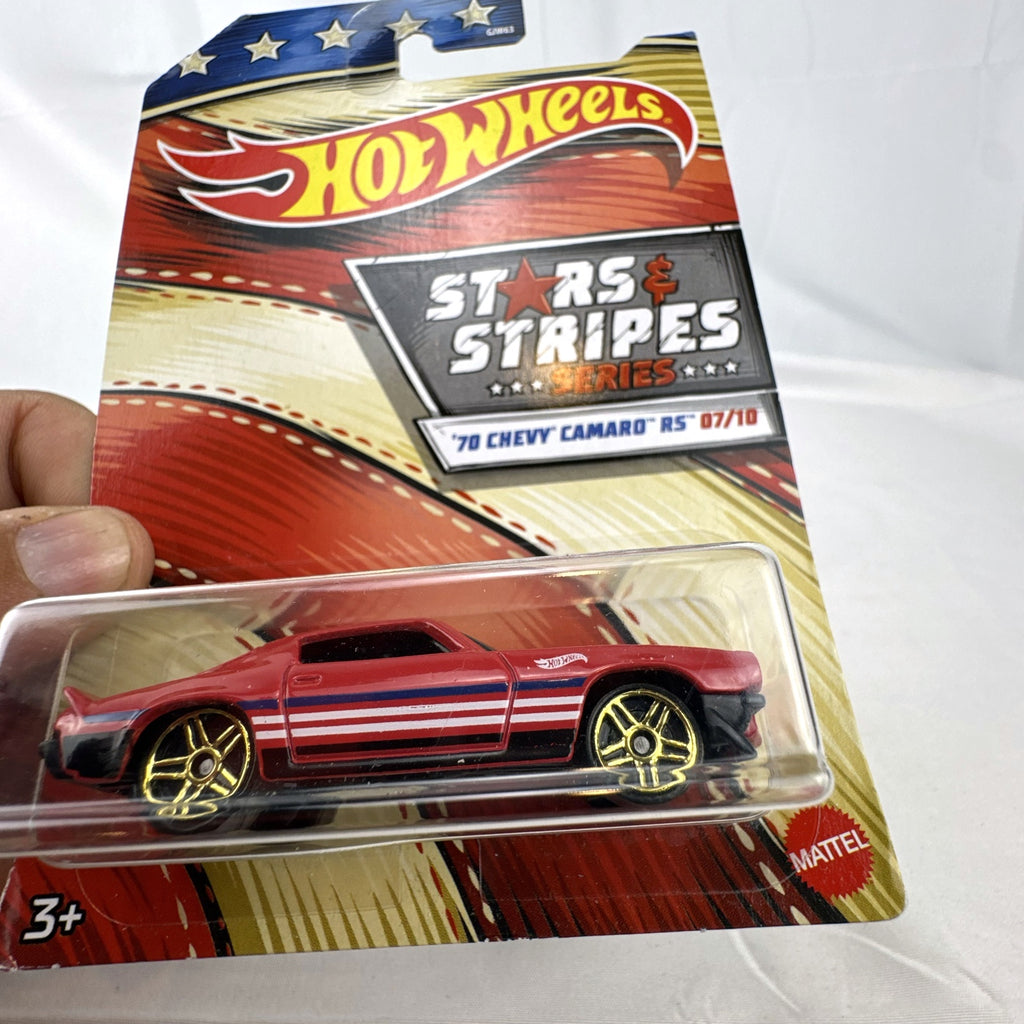 Hot Wheels 1:64 scale 1970 Chevrolet Camaro RS in red with Stars & Stripes graphics factory sealed on card