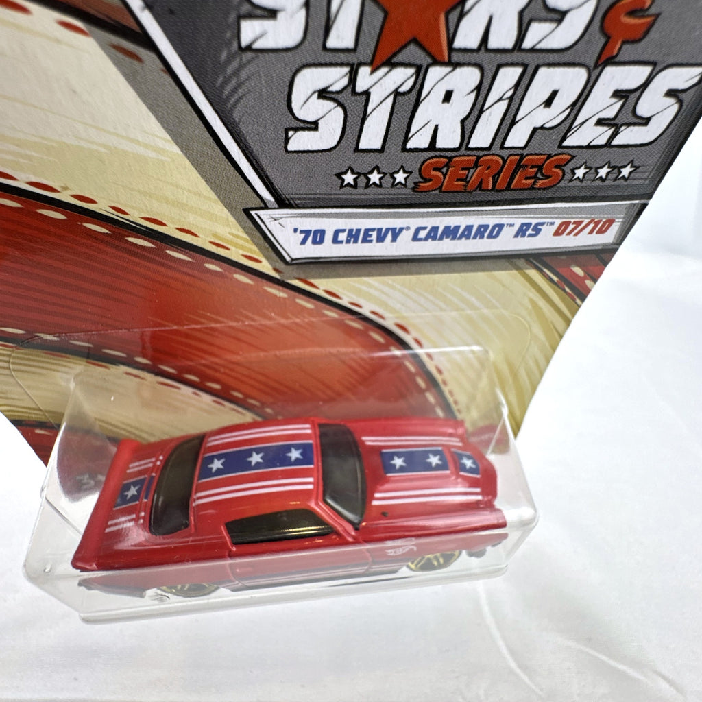 Hot Wheels 1:64 scale 1970 Chevrolet Camaro RS in red with Stars & Stripes graphics factory sealed on card
