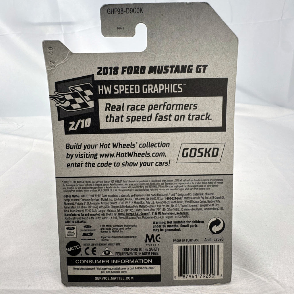 Sealed Hot Wheels 2018 Ford Mustang GT diecast car in black with red stripes and Borla graphics in blister pack