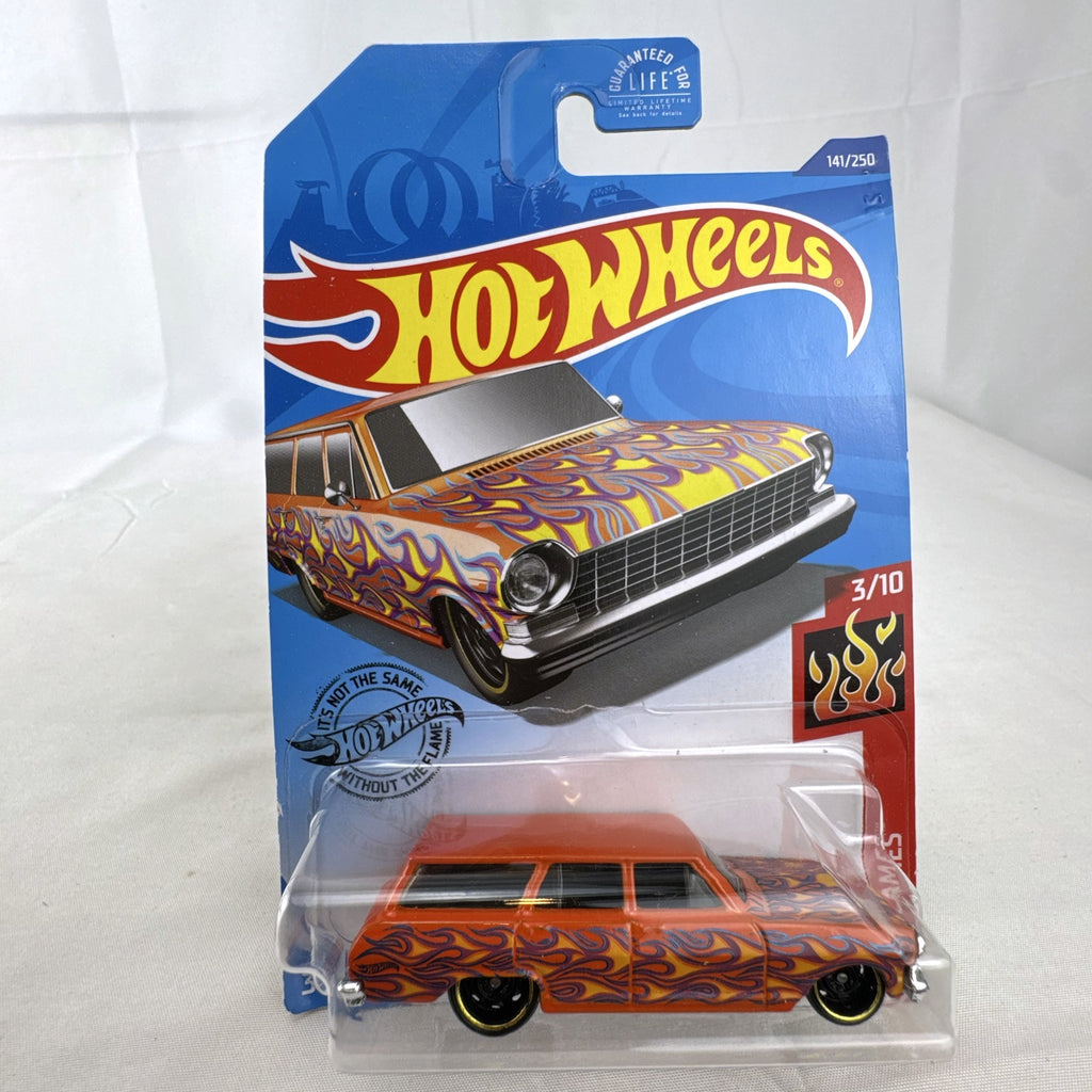 Hot Wheels 1:64 scale 1964 Chevy Nova Wagon diecast car in orange with HW Flames graphics sealed on card.