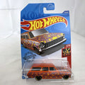 Hot Wheels 1:64 scale 1964 Chevy Nova Wagon diecast car in orange with HW Flames graphics sealed on card.