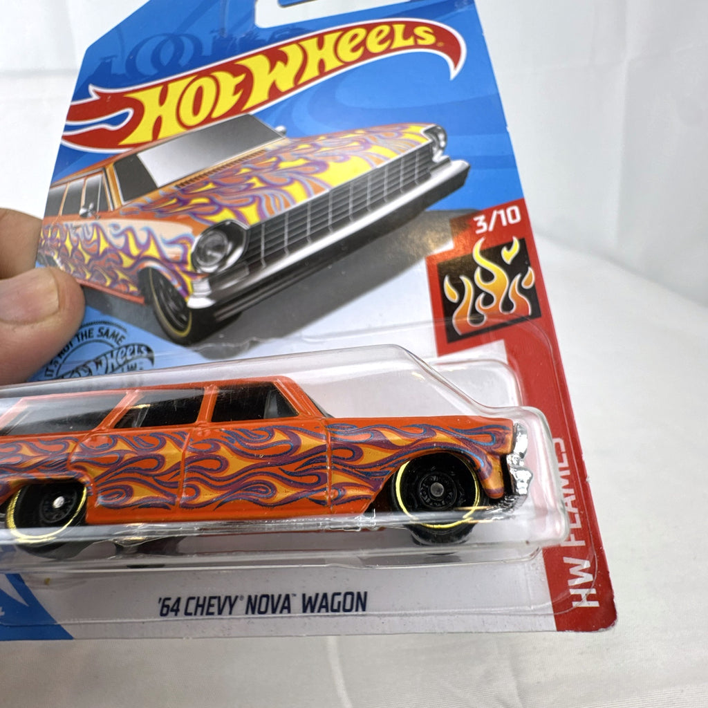 Hot Wheels 1:64 scale 1964 Chevy Nova Wagon diecast car in orange with HW Flames graphics sealed on card.