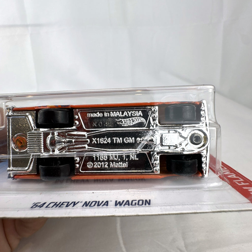 Hot Wheels 1:64 scale 1964 Chevy Nova Wagon diecast car in orange with HW Flames graphics sealed on card.