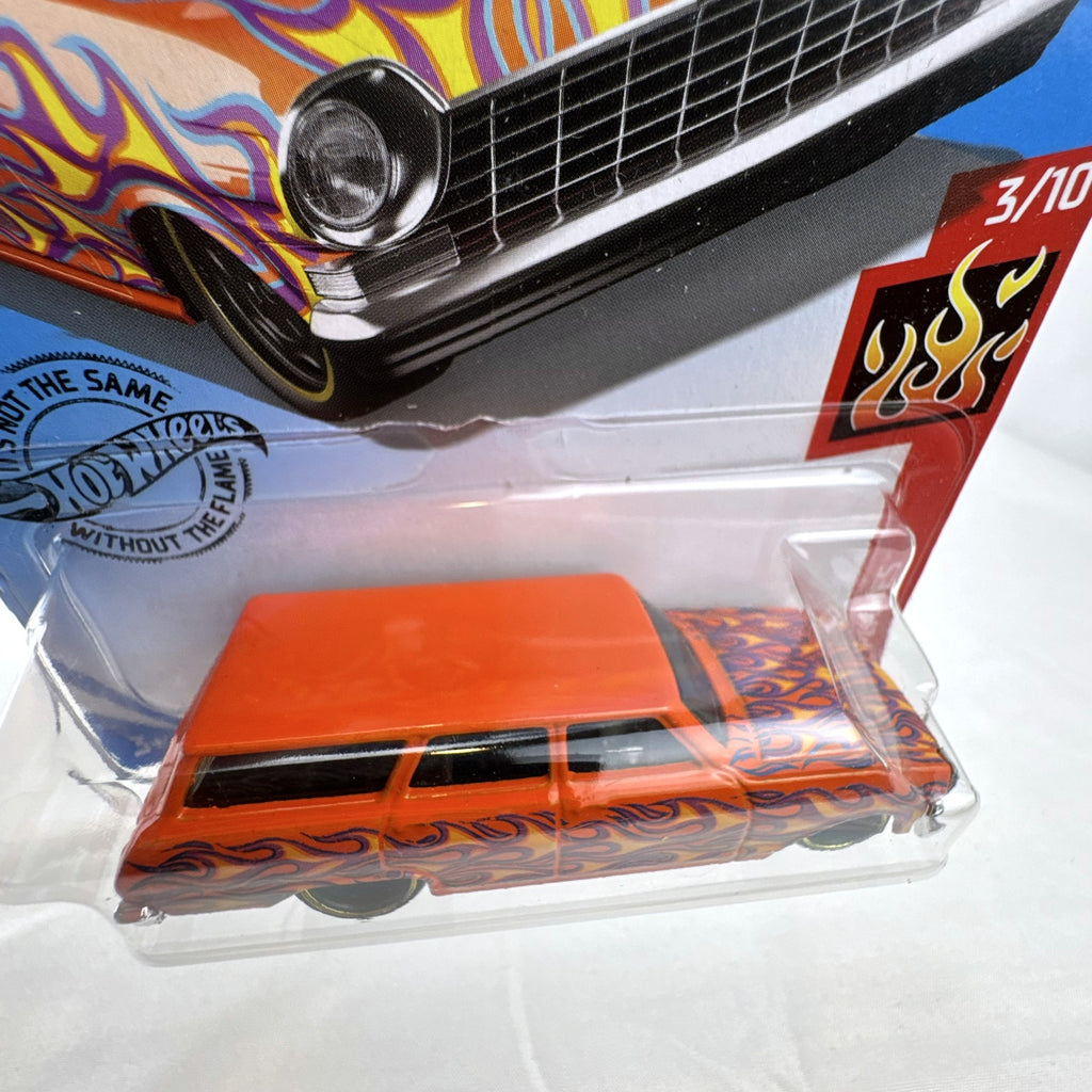 Hot Wheels 1:64 scale 1964 Chevy Nova Wagon diecast car in orange with HW Flames graphics sealed on card.