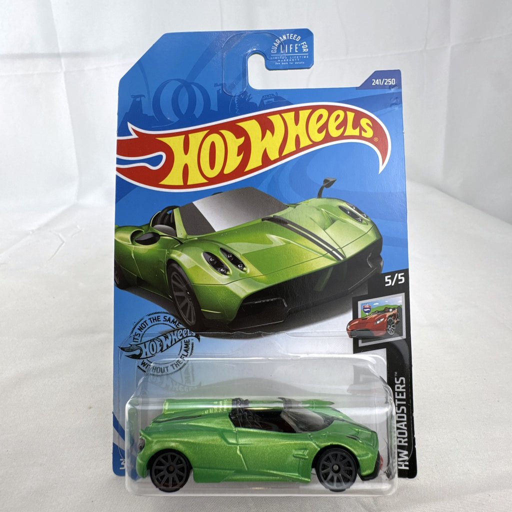 Sealed Hot Wheels 2017 Pagani Huayra Roadster 1:64 diecast car in metallic lime green on original blister card.