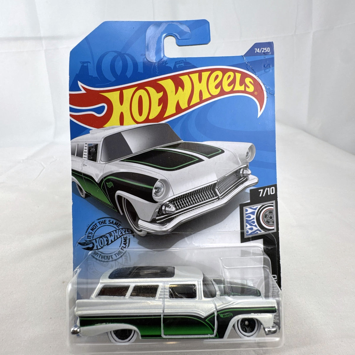 Hot Wheels 8 Crate custom station wagon in pearl white with green and black scallops on original unopened Rod Squad card.