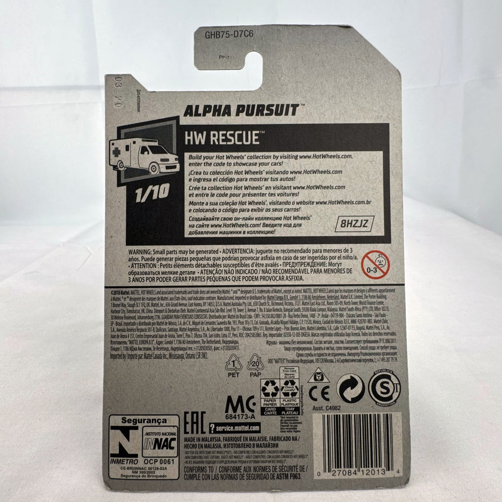Hot Wheels 1:64 scale Alpha Pursuit police car diecast vehicle sealed on HW Rescue card packaging.