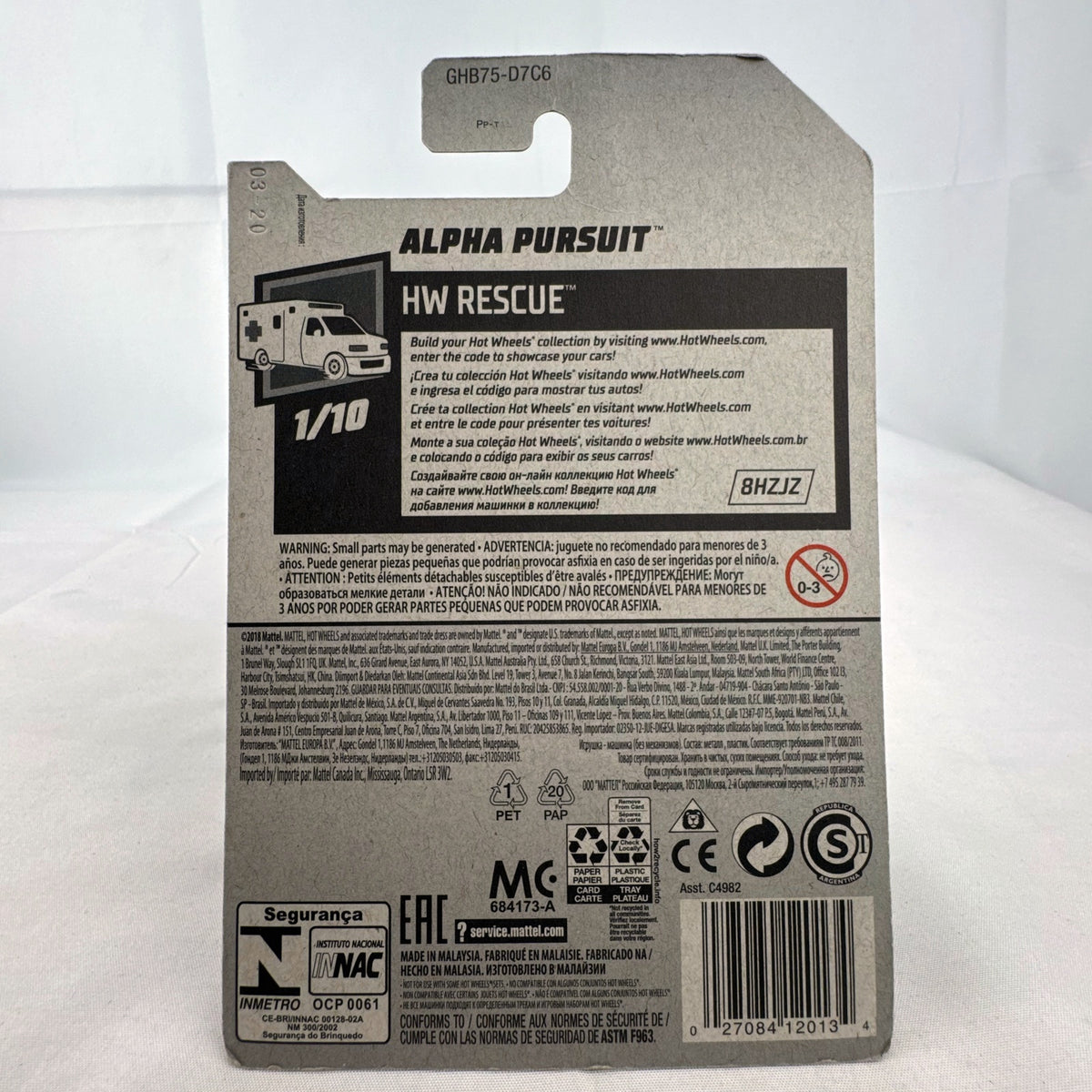 Hot Wheels 1:64 scale Alpha Pursuit police car diecast vehicle sealed on HW Rescue card packaging.