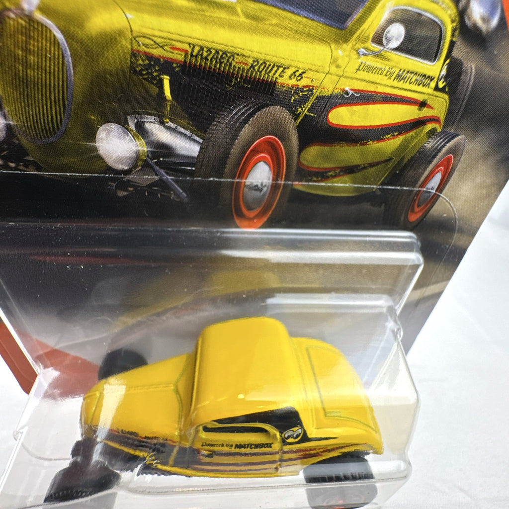 Matchbox 1:64 scale 1933 Ford Coupe Hot Rod diecast vehicle in yellow Mooneyes flame livery sealed on card