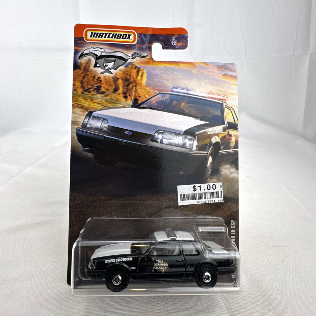 Matchbox 1993 Ford Mustang LX SSP Texas State Trooper 1:64 scale diecast car sealed on original blister card.