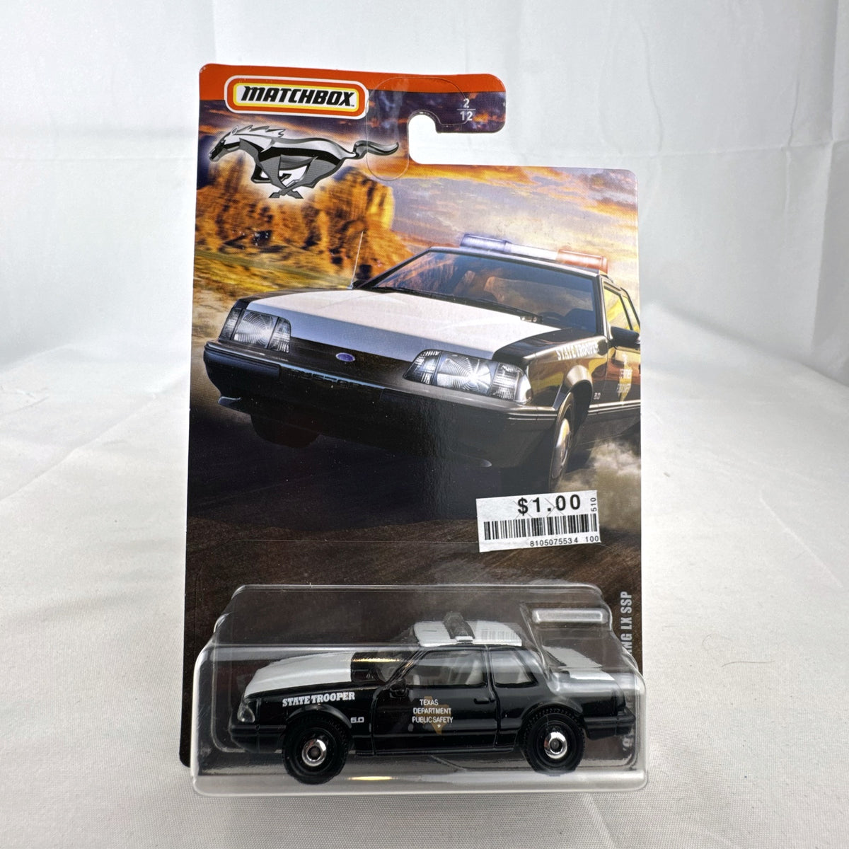 Matchbox 1993 Ford Mustang LX SSP Texas State Trooper 1:64 scale diecast car sealed on original blister card.