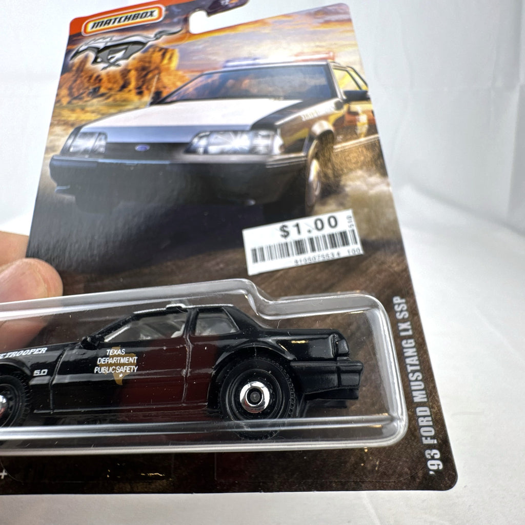 Matchbox 1993 Ford Mustang LX SSP Texas State Trooper 1:64 scale diecast car sealed on original blister card.