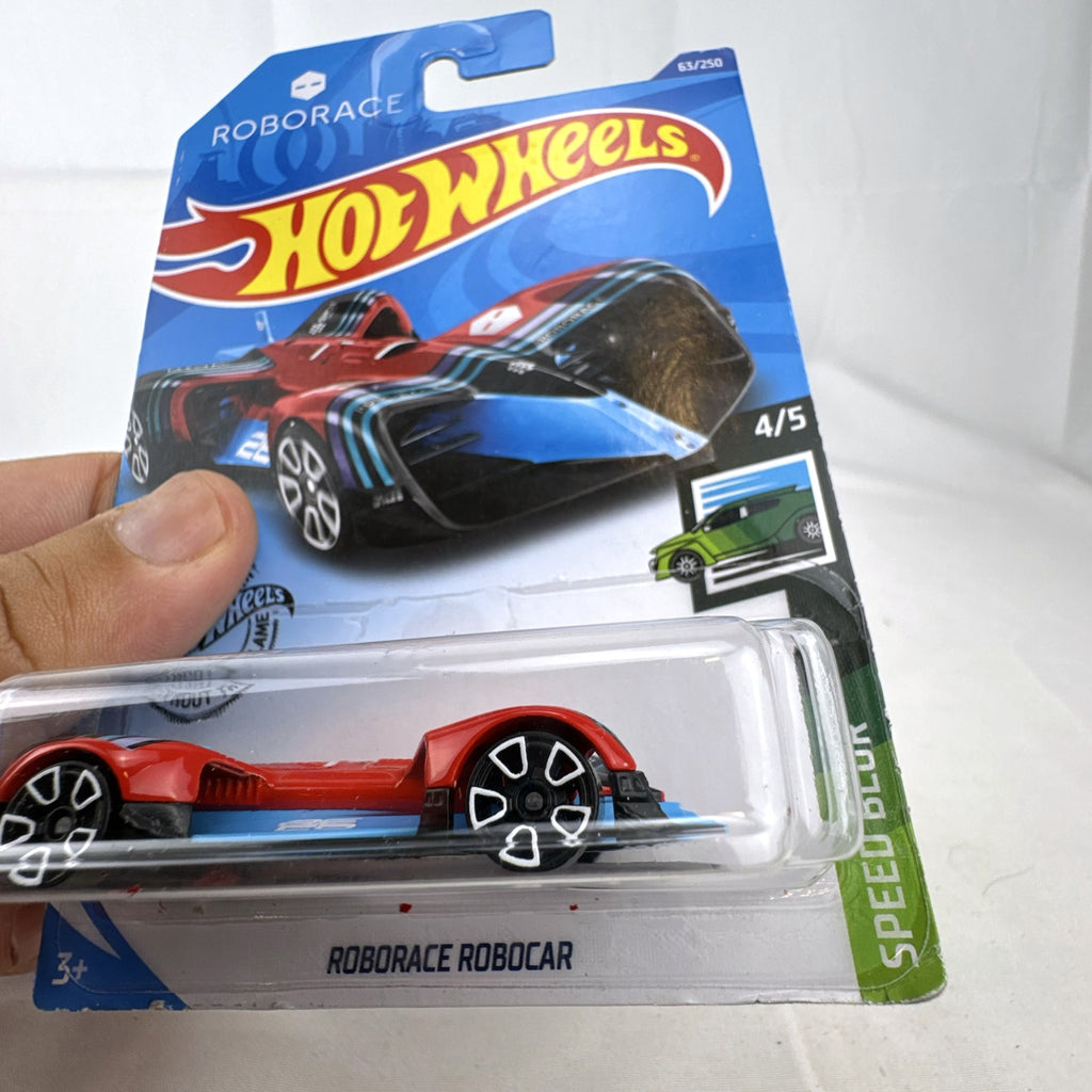 Hot Wheels 1:64 scale Roborace Robocar diecast car in red Speed Blur livery factory sealed on card