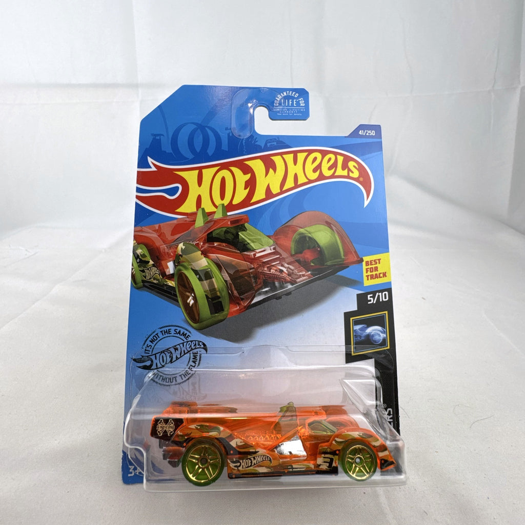 Hot Wheels 1:64 scale Hi-Tech Missile diecast car in translucent orange X-Raycers packaging.